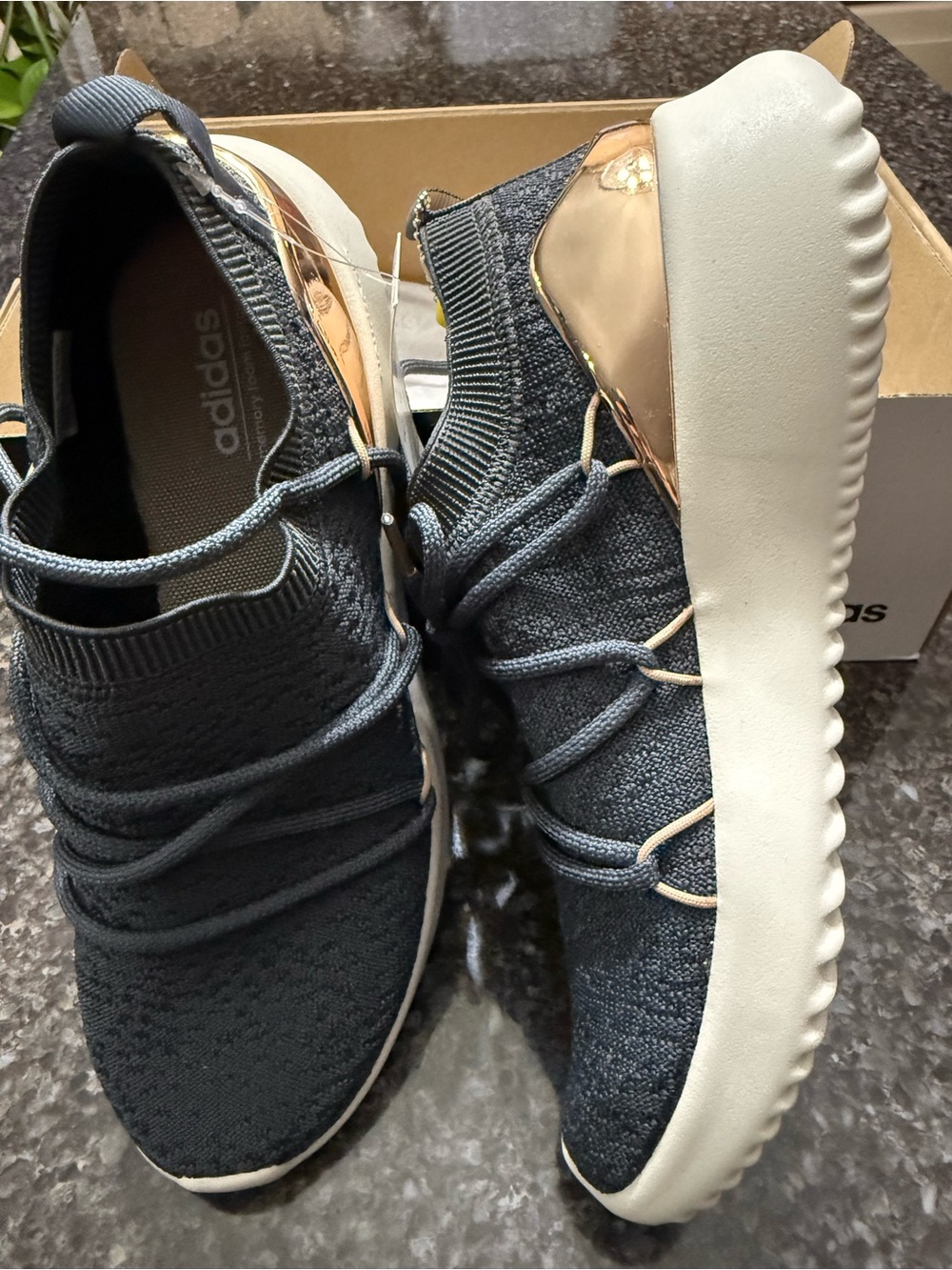 adidas Women’s Charcoal Knit Sneakers with Rose Gold Heel